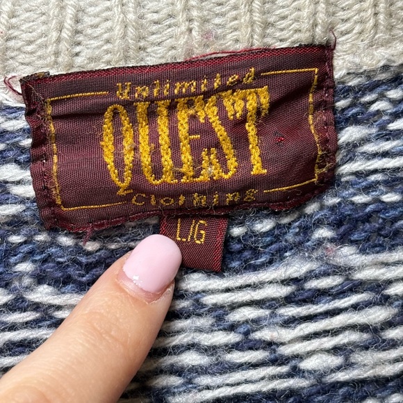 Vintage Nordic Fair Isle Knit Cardigan Sweater Navy & Cream Chunky Wool Blend - Picture 3 of 8